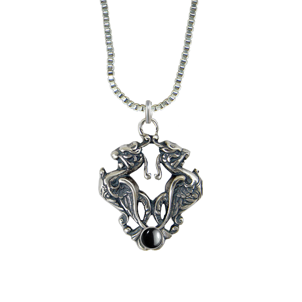 Sterling Silver Double Phoenix Crest Pendant With Hematite